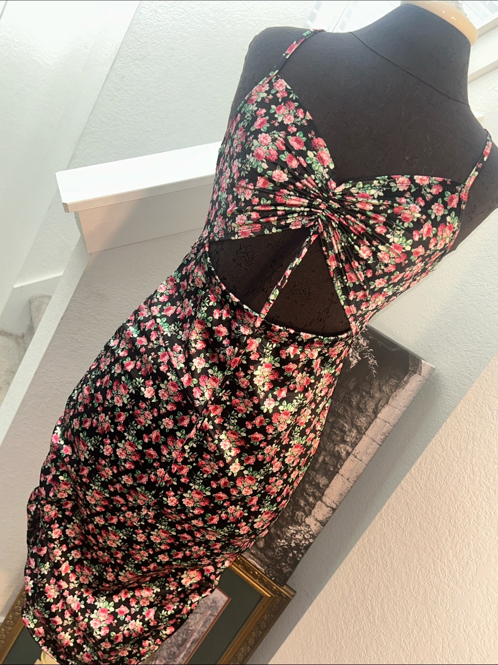 Floral Gathered Front Midi Dress in Black with Pink Roses